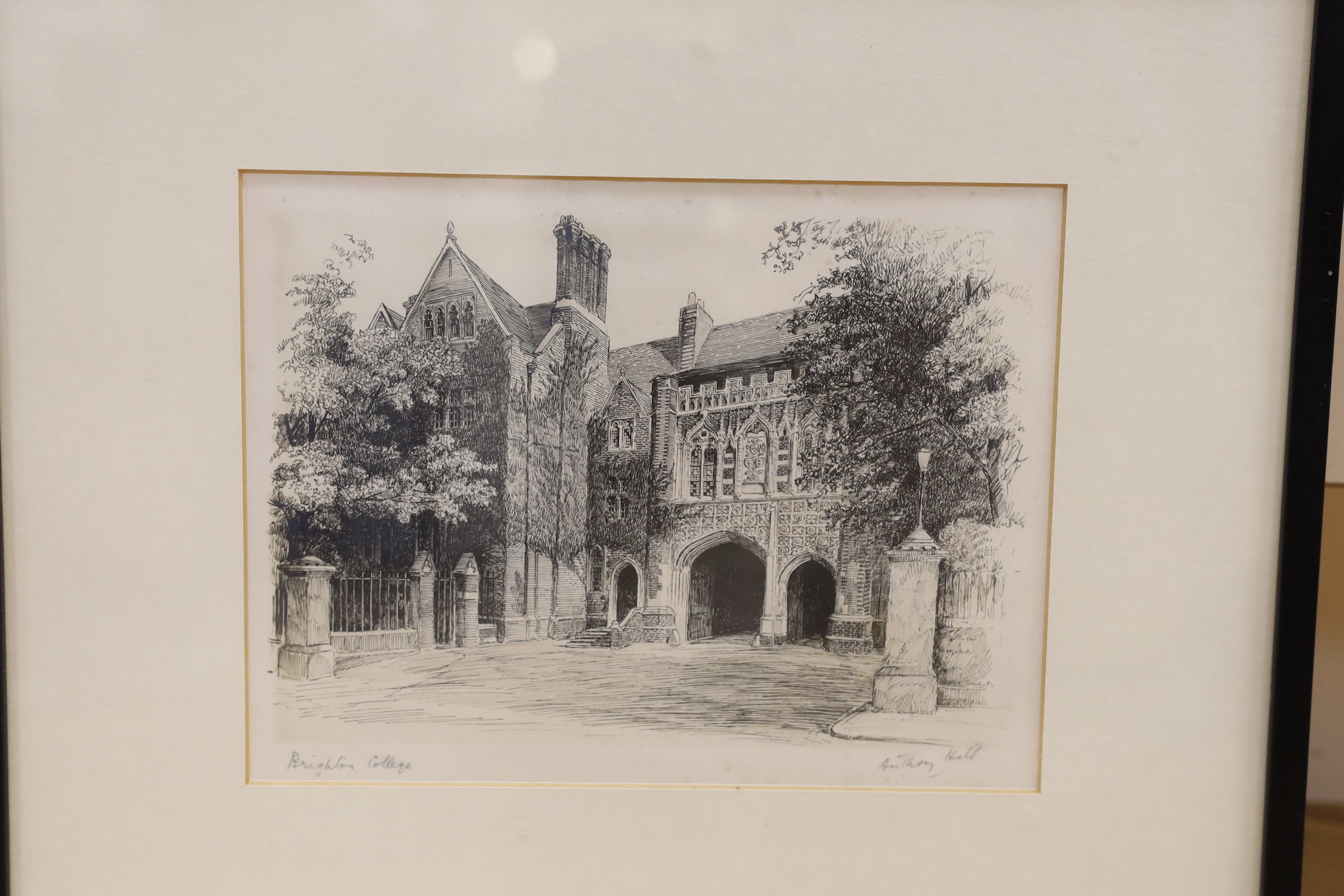 Anthony Hill (1930-2020), three etchings, Views of Brighton College, 16 x 21cm, with four other assorted views of the college
